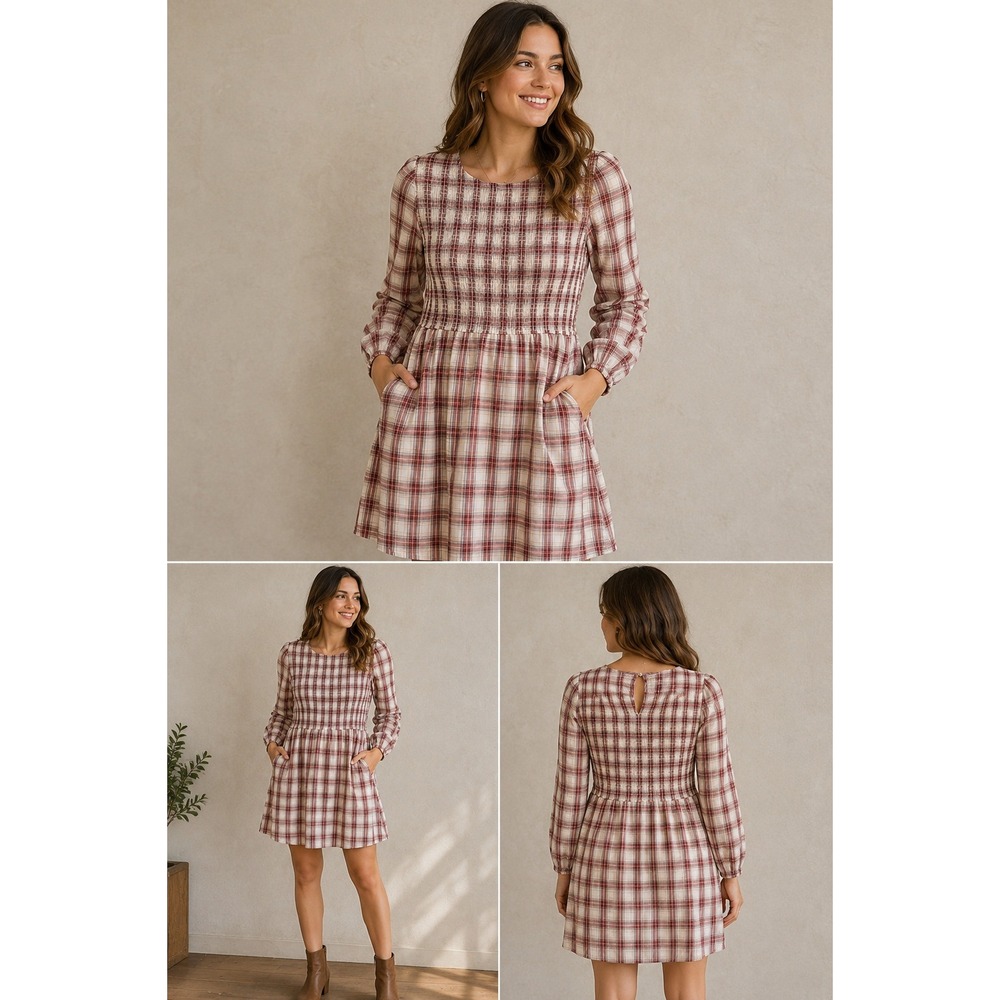 American Eagle Mini Dress Womens Large Red Plaid Excellent Smocked Long Sleeve